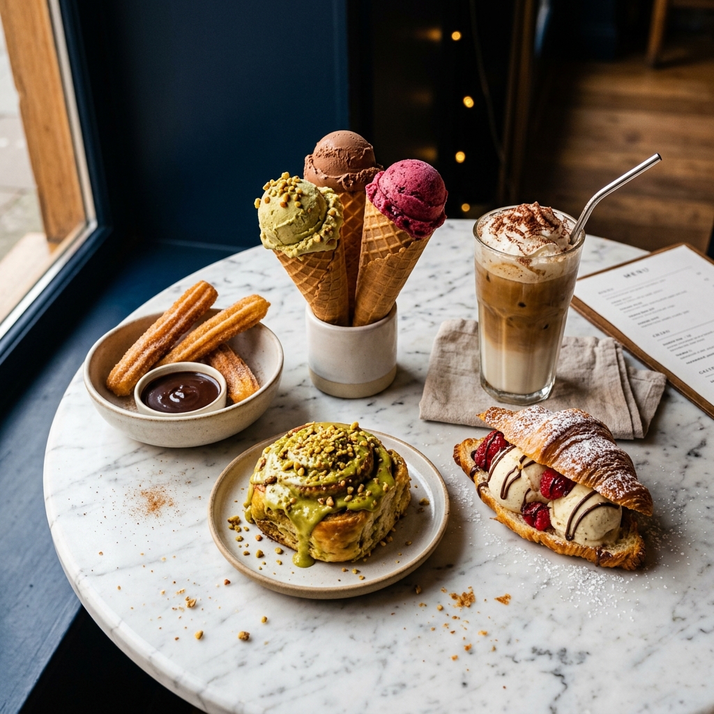 Premium European dessert spread featuring gelato, churros, and coffee